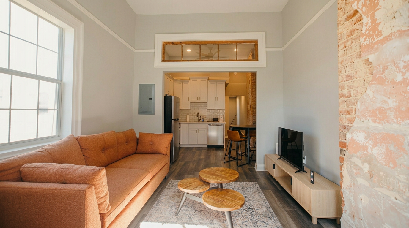 Living room with exposed brick